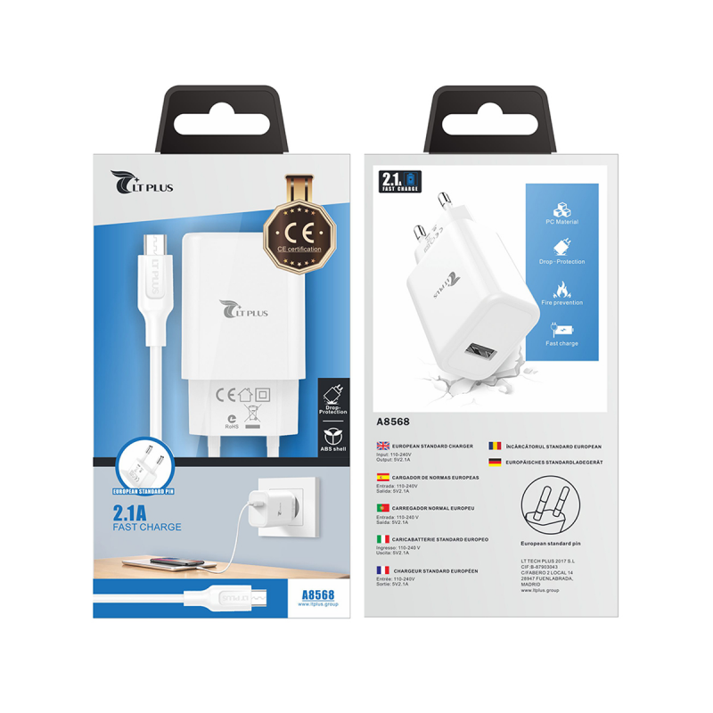 LT PLUS A8568 CARGADOR RÁPIDO CON CABLE MICRO USB V8 2.1A BLANCO LT PLUS A8568 CARGADOR RÁPIDO CON CABLE MICRO USB V8 2.1A BLANCO