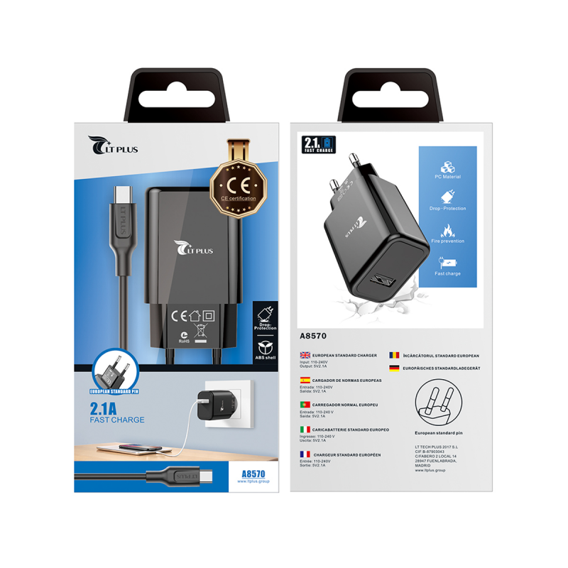 LT PLUS A8570 CARGADOR RÁPIDO CON CABLE TYPE-C 2.1A NEGRO LT PLUS A8570 CARGADOR RÁPIDO CON CABLE TYPE-C 2.1A NEGRO