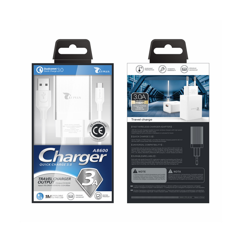 LT PLUS A8600 CARGADOR RÁPIDO QC3.0 CON CABLE TYPE-C 1M 3A BLANCO LT PLUS A8600 CARGADOR RÁPIDO QC3.0 CON CABLE TYPE-C 1M 3A BLANCO