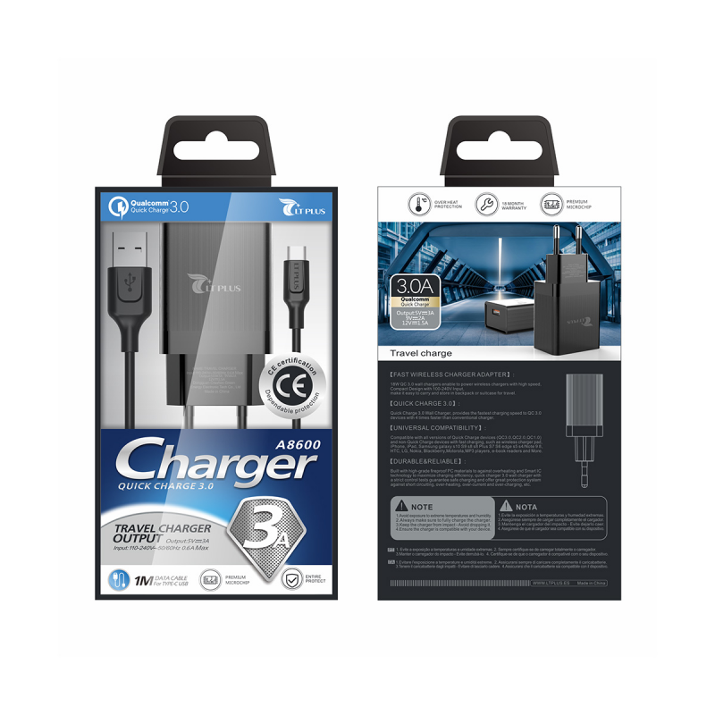 LT PLUS A8600 CARGADOR RÁPIDO QC3.0 CON CABLE TYPE-C 1M 3A NEGRO LT PLUS A8600 CARGADOR RÁPIDO QC3.0 CON CABLE TYPE-C 1M 3A NEGRO