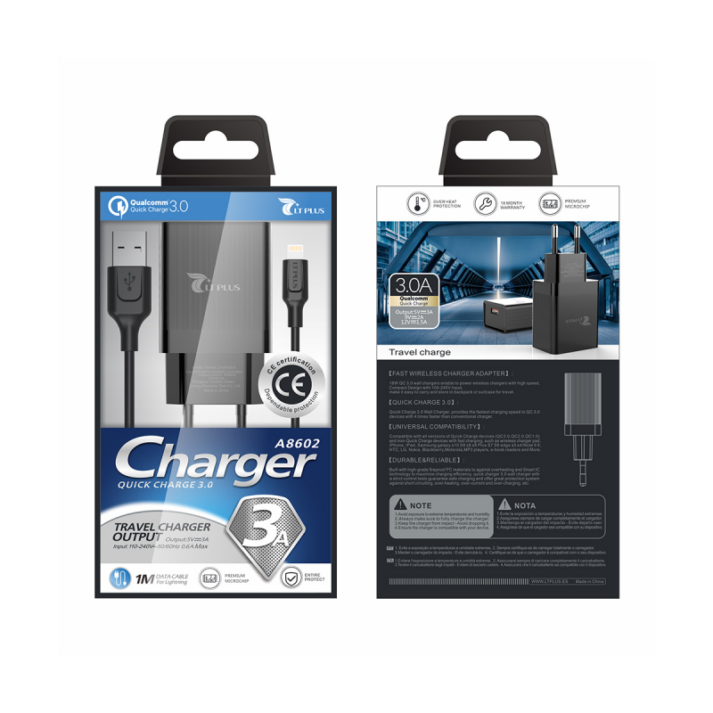 LT PLUS A8602 CARGADOR RÁPIDO QC3.0 CON CABLE LIGHTNING 1M 3A NEGRO LT PLUS A8602 CARGADOR RÁPIDO QC3.0 CON CABLE LIGHTNING 1M 3A NEGRO