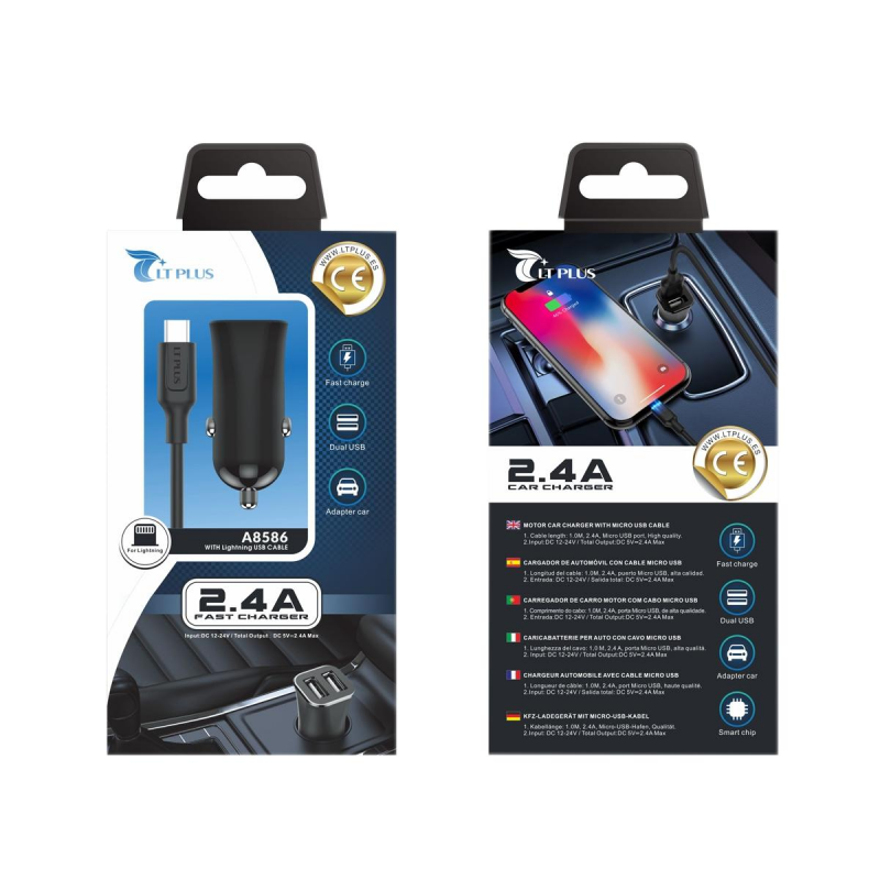 LT PLUS A8586 CARGADOR PARA COCHE CON CABLE LIGHTNING 2 PUERTOS 2.4A NEGRO LT PLUS A8586 CARGADOR PARA COCHE CON CABLE LIGHTNING 2 PUERTOS 2.4A NEGRO