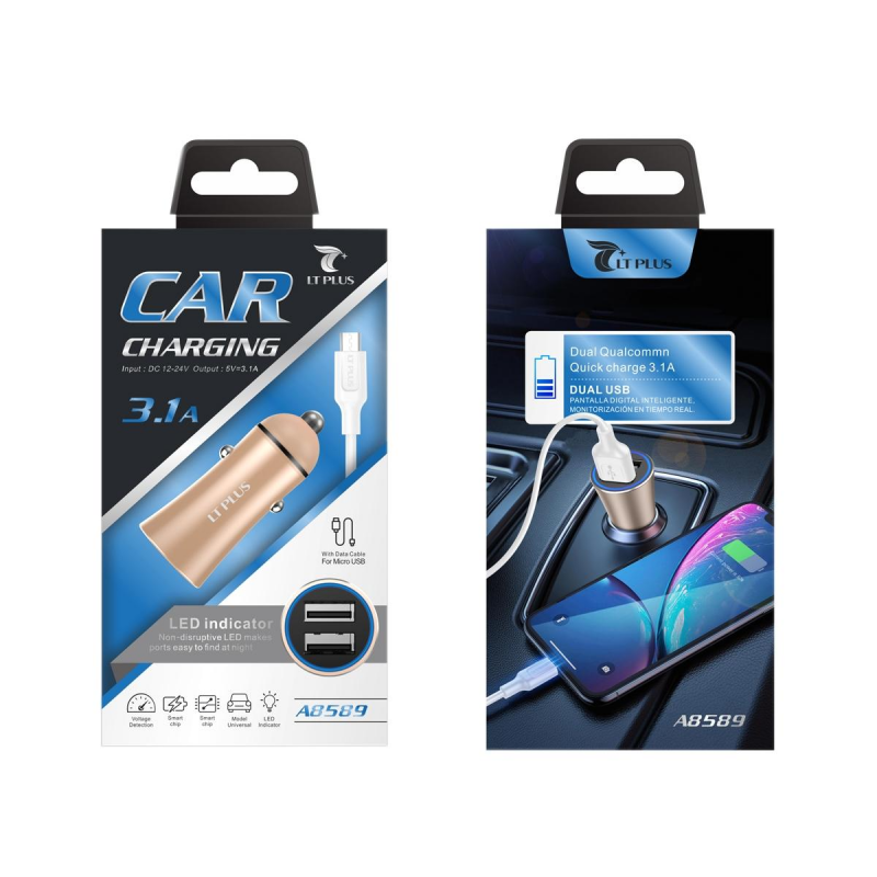 LT PLUS A8589 CARGADOR PARA COCHE CON LUZ LED Y CABLE MICRO USB 3.1A DORADO LT PLUS A8589 CARGADOR PARA COCHE CON LUZ LED Y CABLE MICRO USB 3.1A DORADO