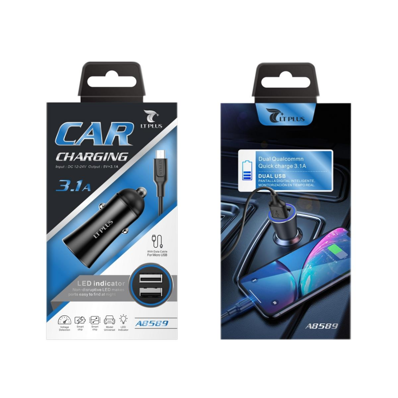 LT PLUS A8589 CARGADOR PARA COCHE CON LUZ LED Y CABLE MICRO USB 3.1A NEGRO LT PLUS A8589 CARGADOR PARA COCHE CON LUZ LED Y CABLE MICRO USB 3.1A NEGRO