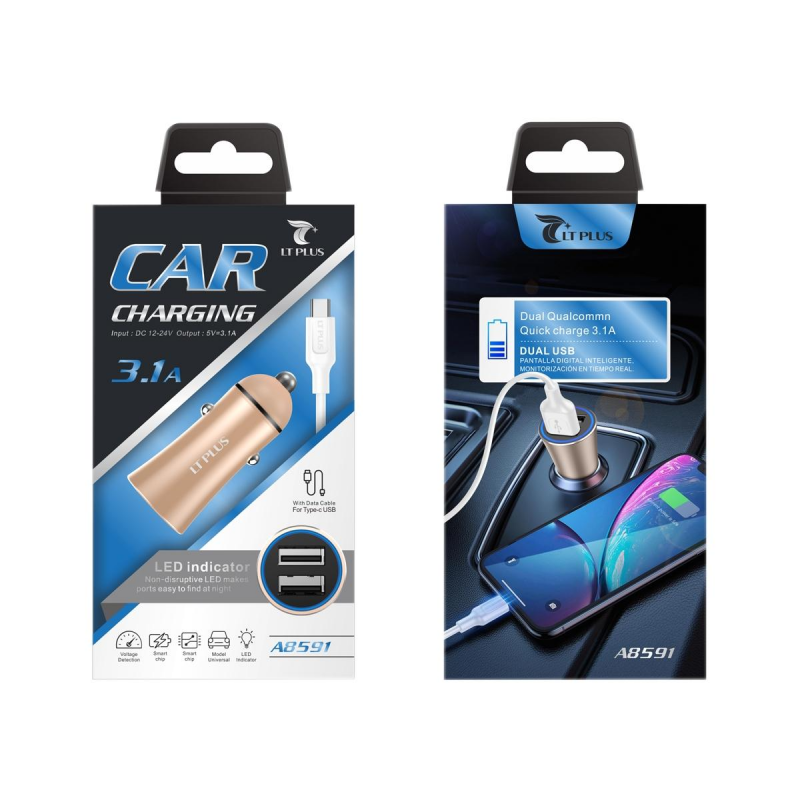 LT PLUS A8591 CARGADOR PARA COCHE CON LUZ LED Y CABLE TYPE-C 3.1A DORADO LT PLUS A8591 CARGADOR PARA COCHE CON LUZ LED Y CABLE TYPE-C 3.1A DORADO