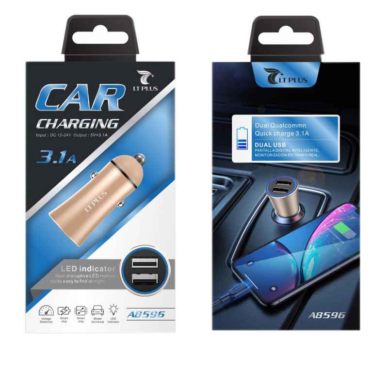 LT PLUS A8596 CARGADOR PARA COCHE 2 PUERTOS CON LUZ LED DORADO LT PLUS A8596 CARGADOR PARA COCHE 2 PUERTOS CON LUZ LED DORADO