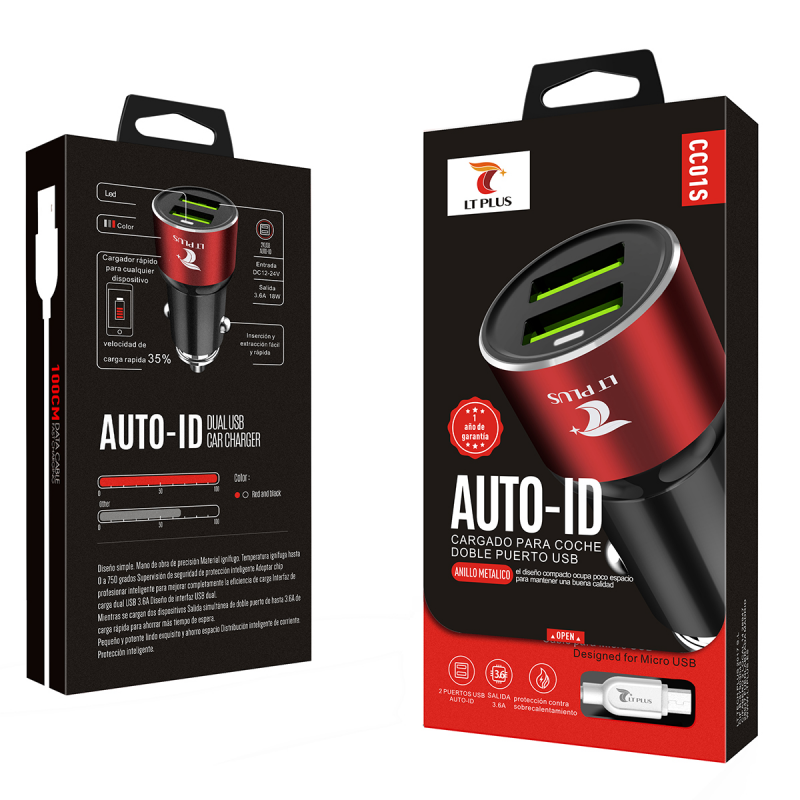 LT PLUS CC01S CARGADOR AUTO-ID PARA COCHE CON CABLE MICRO USB 2 PUERTOS NEGRO LT PLUS CC01S CARGADOR AUTO-ID PARA COCHE CON CABLE MICRO USB 2 PUERTOS NEGRO