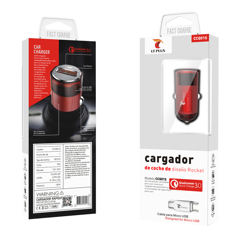 LT PLUS CCQ01S CARGADOR PARA COCHE DISEÑO ROCKET CON CABLE LIGHTNING LT PLUS CCQ01S CARGADOR PARA COCHE DISEÑO ROCKET CON CABLE LIGHTNING