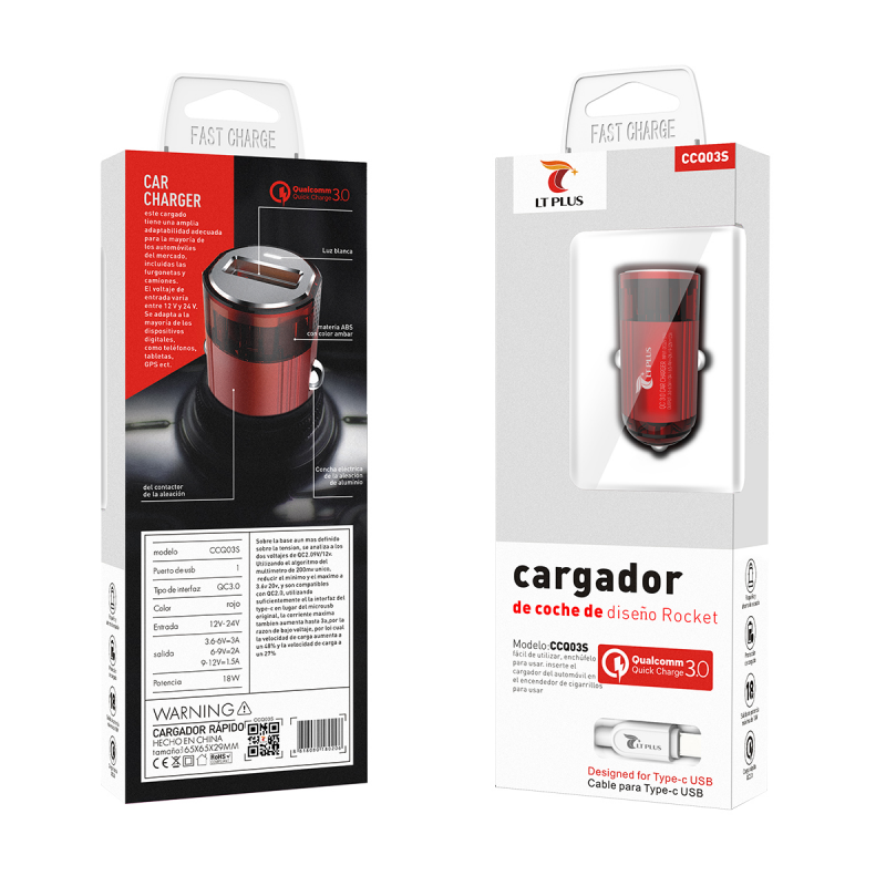 LT PLUS CCQ01S CARGADOR PARA COCHE DISEÑO ROCKET CON CABLE TYPE-C LT PLUS CCQ01S CARGADOR PARA COCHE DISEÑO ROCKET CON CABLE TYPE-C