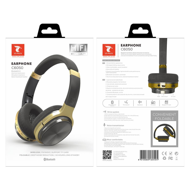 LT PLUS C6050 CASCO AURICULAR INALÁMBRICO BLUETOOTH 4.2 CON FM TF MICRO SD DORADO LT PLUS C6050 CASCO AURICULAR INALÁMBRICO BLUETOOTH 4.2 CON FM TF MICRO SD DORADO
