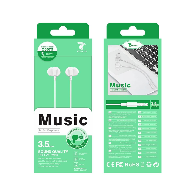 LT PLUS C6075 AURICULARES IN-EAR STEREO CON MICROFONO 3.5MM BLANCO LT PLUS C6075 AURICULARES IN-EAR STEREO CON MICROFONO 3.5MM BLANCO